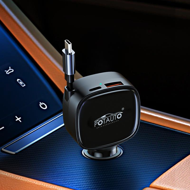 Potauto 84 W 3in1 Car charger with retractable Type C fast charging cable and 1 USB A & 1 Type C port
