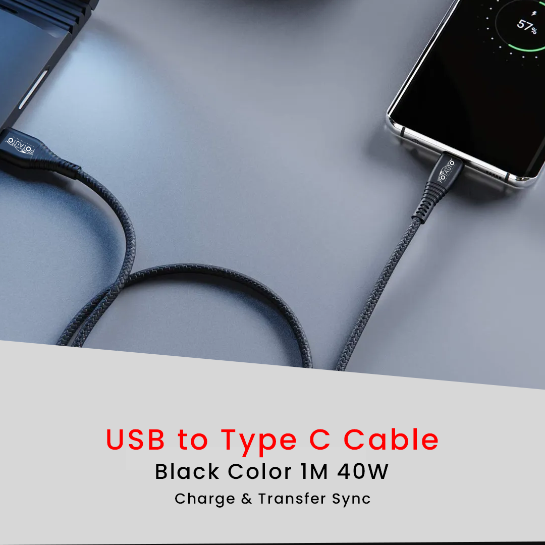 POTAUTO USB to Type-C 40W Fast Charging Cable – High-Speed Data Transfer, Compatible with Smartphones, Tablets & More (1M, Black)