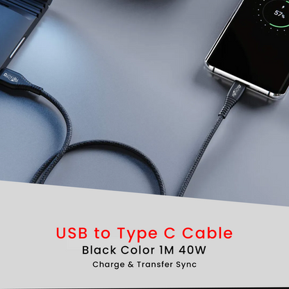 POTAUTO USB to Type-C 40W Fast Charging Cable – High-Speed Data Transfer, Compatible with Smartphones, Tablets & More (1M, Black)