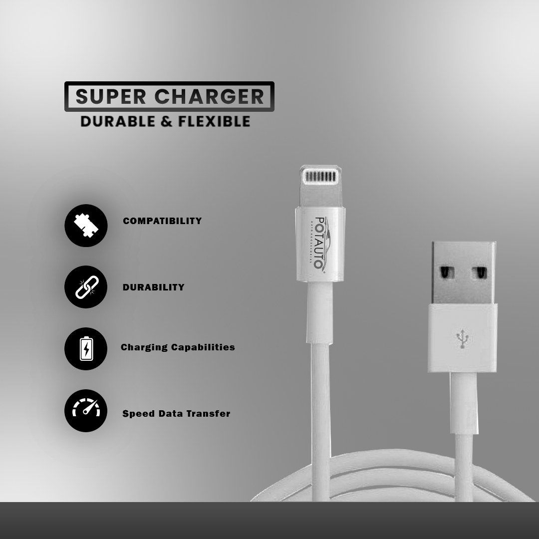 POTAUTO USB to Type-L Apple Charge & Transfer Sync Cable, High-Speed Data Sync, Durable Nylon Braided, Compatible with iPhone, iPad & More (1M/10w, White).