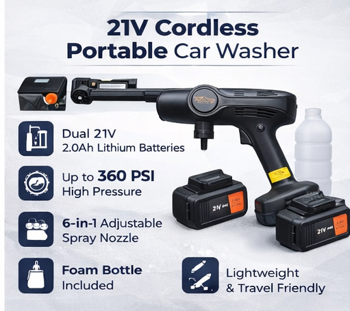 Potauto Cordless Portable Car Washer: 21V High Pressure Power Cleaner Kit with Dual 2.0Ah Batteries, 6-in-1 Nozzle and Foam Spray Bottle