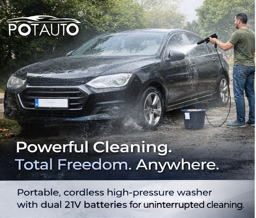 Potauto Cordless Portable Car Washer: 21V High Pressure Power Cleaner Kit with Dual 2.0Ah Batteries, 6-in-1 Nozzle and Foam Spray Bottle