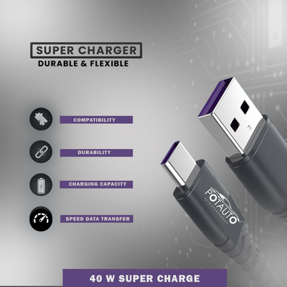 POTAUTO USB to Type-C 40W Fast Charging Cable – High-Speed Data Transfer, Compatible with Smartphones, Tablets & More (1M, Black)