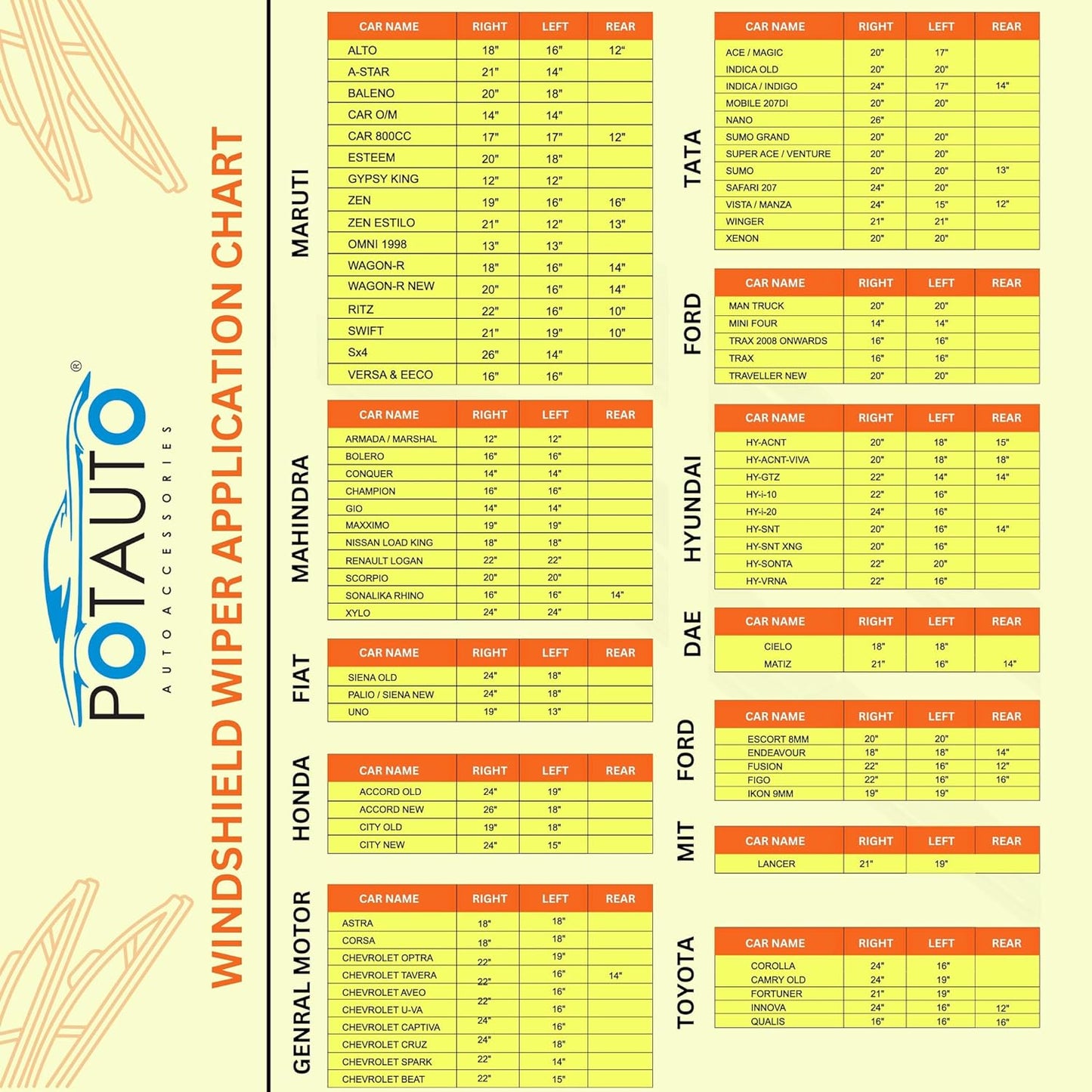 Potauto Aerodynamic Front Wiper (Single) | Flat Blade Performance Wiper Blades - VTL WORLD