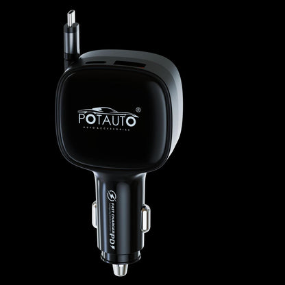 Potauto 84  W 3in1 Car charger with retractable Type C fast charging cable and 1 USB A & 1 Type C port