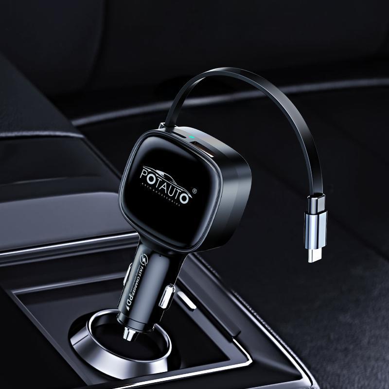 Potauto 84  W 3in1 Car charger with retractable Type C fast charging cable and 1 USB A & 1 Type C port