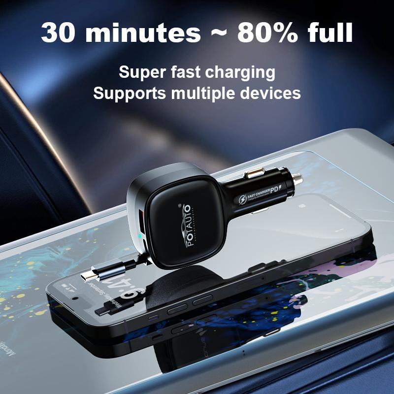 Potauto 84  W 3in1 Car charger with retractable Type C fast charging cable and 1 USB A & 1 Type C port