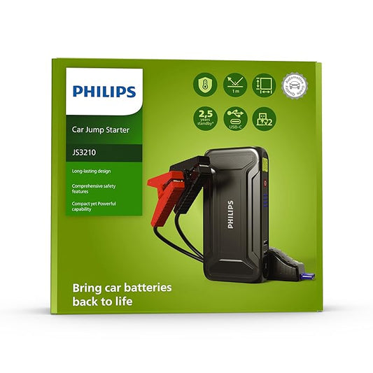 Philips JS3210 Car Jump Starter | Powerful 12V Battery Booster | Built-in Power Bank for Phone Charging | Compact & Portable