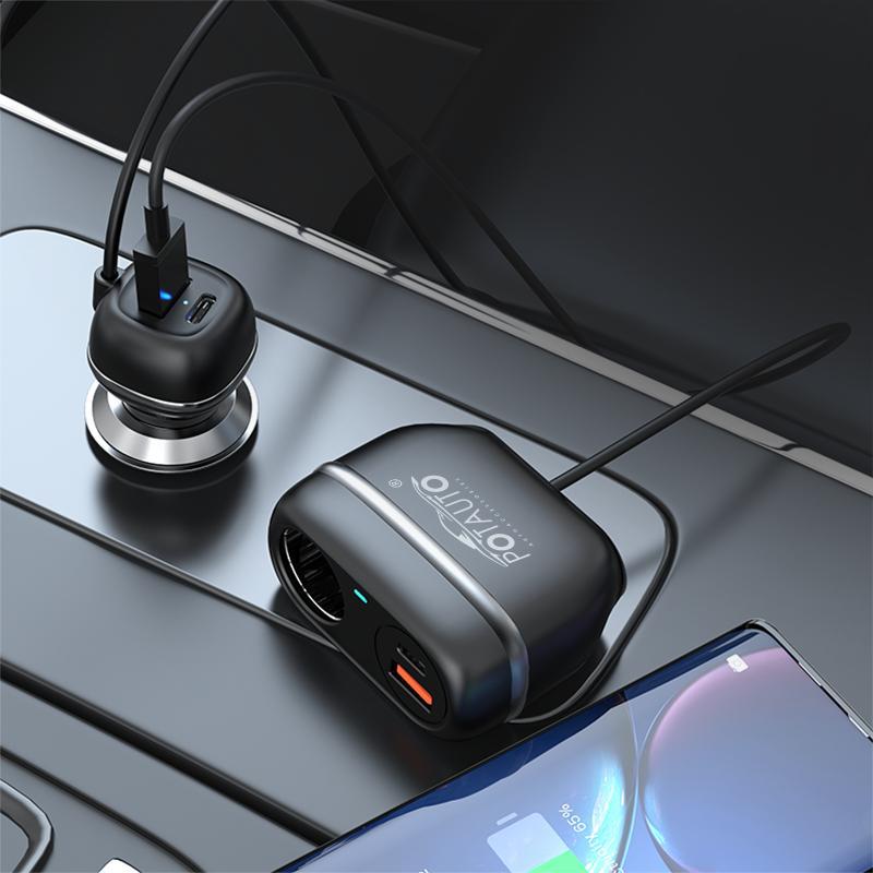 Potauto 102W 5 in 1 Car charger with cigarette lighter port extender and 2 USB A & 2 Type C PD30W Port